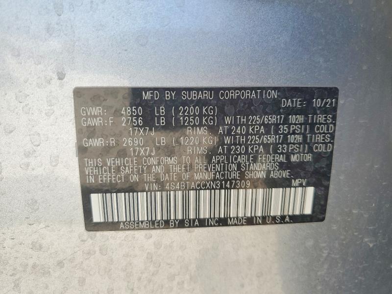 Aukcja sprzedaży 2022 Subaru Outback, vin: 4S4BTACCXN3147309, numer aukcji: 49160456