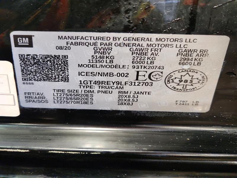2020 Gmc Sierra მანქანა იყიდება აუქციონზე, vin: 1GT49REY9LF312703, აუქციონის ნომერი: 49901996
