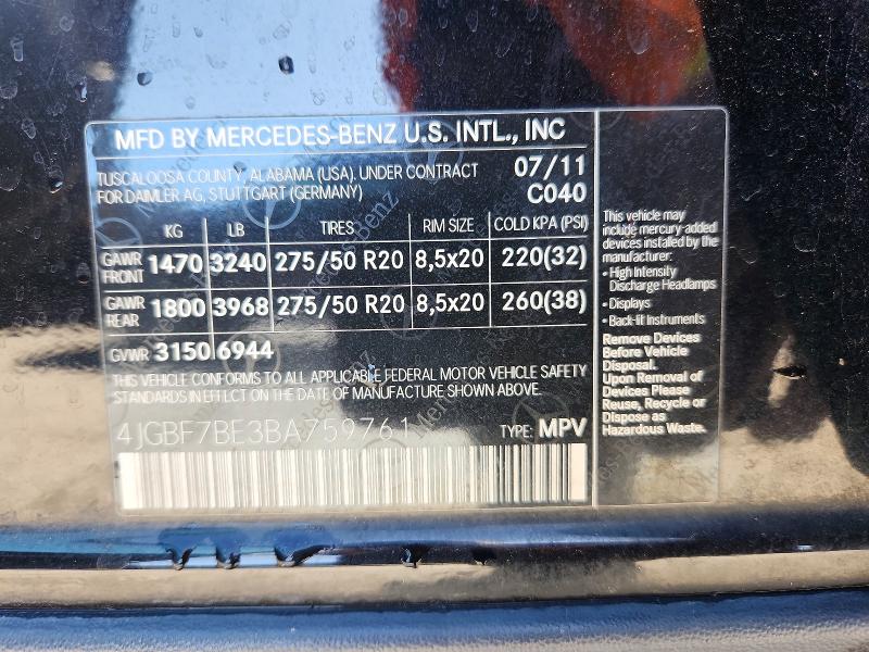 Продаж на аукціоні авто 2011 Mercedes-benz Gl, vin: 4JGBF7BE3BA759761, номер лоту: 50685456