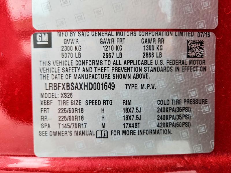2017 Buick Envision მანქანა იყიდება აუქციონზე, vin: LRBFXBSAXHD001649, აუქციონის ნომერი: 50088586