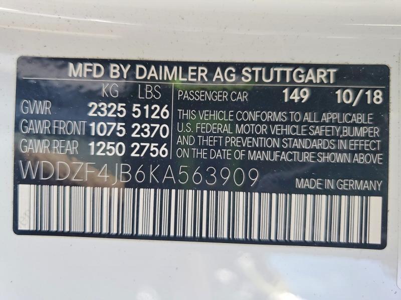Продаж на аукціоні авто 2019 Mercedes-benz E, vin: WDDZF4JB6KA563909, номер лоту: 51800486