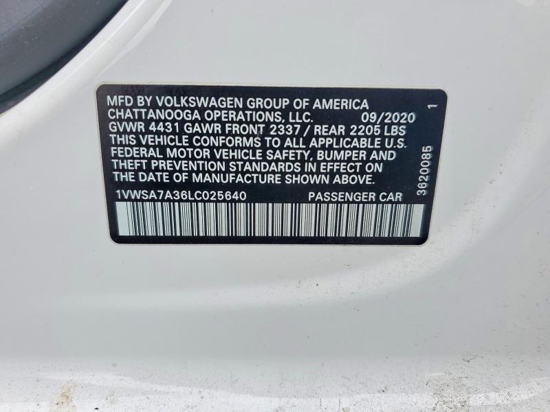 Aukcja sprzedaży 2020 Volkswagen Passat, vin: 1VWSA7A36LC025640, numer aukcji: 50346466
