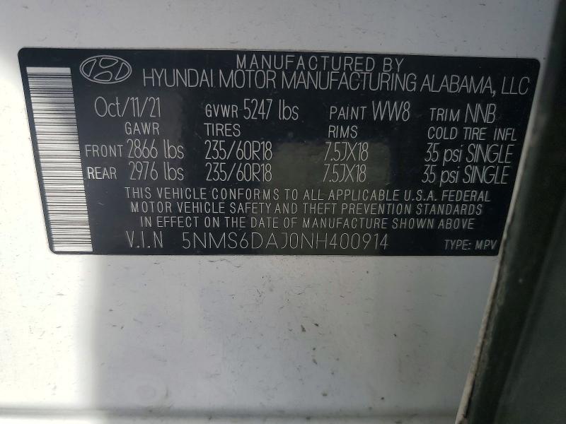 49338676 :رقم المزاد ، 5NMS6DAJ0NH400914 vin ، 2022 Hyundai Santa Fe مزاد بيع