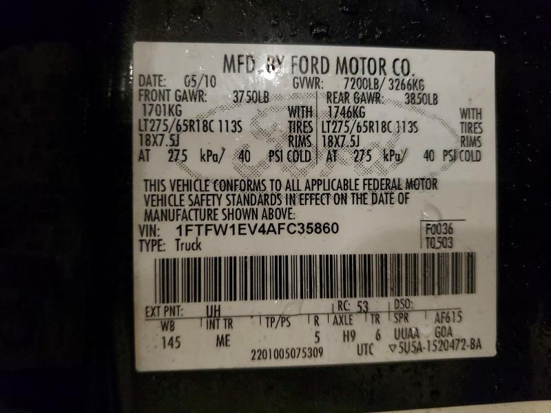 2010 Ford F150 მანქანა იყიდება აუქციონზე, vin: 1FTFW1EV4AFC35860, აუქციონის ნომერი: 51371576