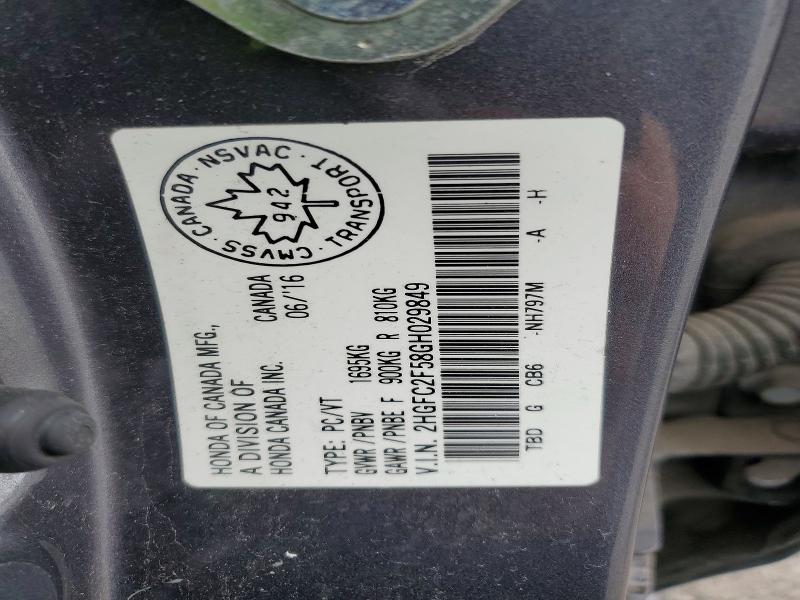 50840466 :رقم المزاد ، 2HGFC2F58GH029849 vin ، 2016 Honda Civic مزاد بيع
