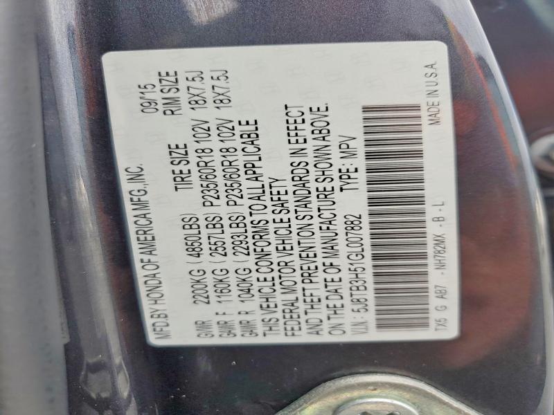 51902826 :رقم المزاد ، 5J8TB3H51GL007882 vin ، 2016 Acura Rdx مزاد بيع