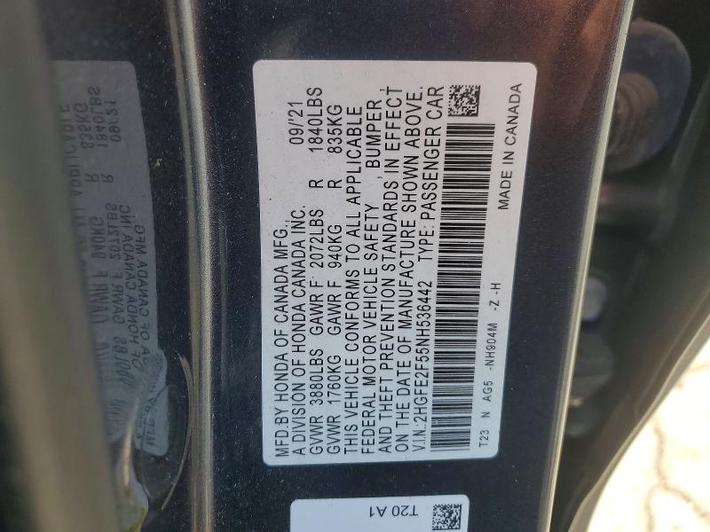 Продажа на аукционе авто 2022 Honda Civic, vin: 2HGFE2F55NH536442, номер лота: 48389486