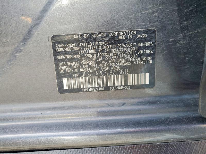 50504206 :رقم المزاد ، JF2GTAPC3L8273615 vin ، 2020 Subaru Crosstrek مزاد بيع