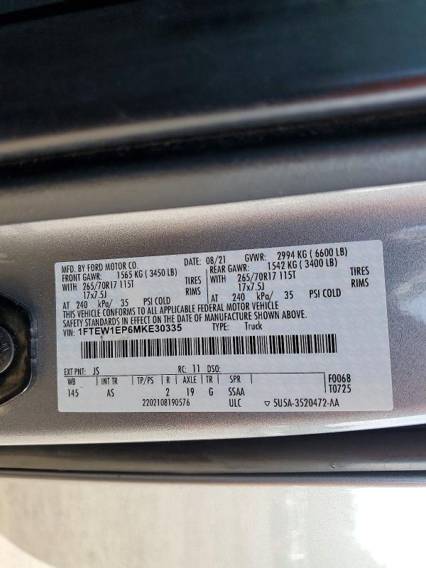 Aukcja sprzedaży 2021 Ford F150, vin: 1FTEW1EP6MKE30335, numer aukcji: 50923196
