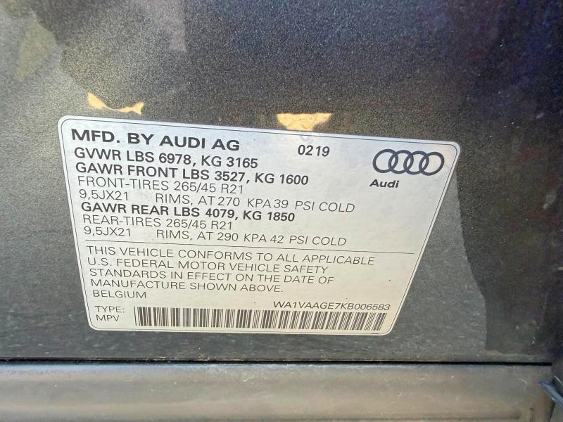48879726 :رقم المزاد ، WA1VAAGE7KB006583 vin ، 2019 Audi E-tron مزاد بيع