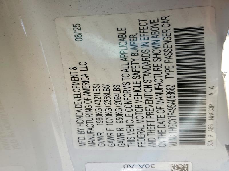 Продаж на аукціоні авто 2025 Honda Accord, vin: 1HGCY1F49SA058662, номер лоту: 48173106