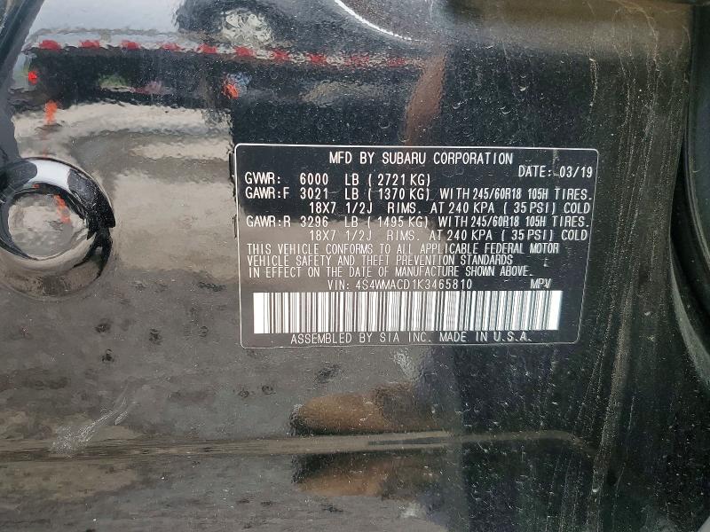 51137486 :رقم المزاد ، 4S4WMACD1K3465810 vin ، 2019 Subaru Ascent مزاد بيع