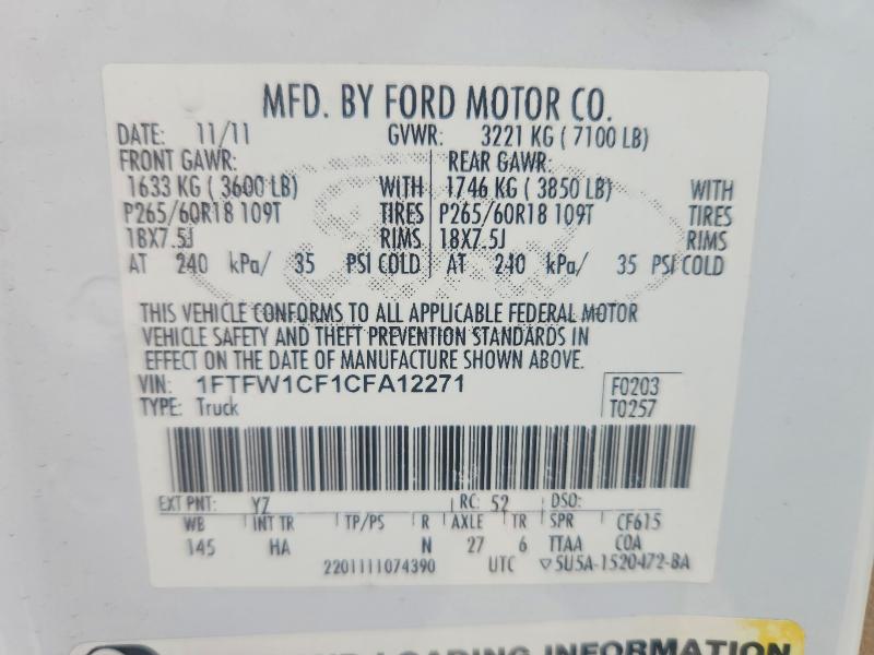 49227196 :رقم المزاد ، 1FTFW1CF1CFA12271 vin ، 2012 Ford F150 مزاد بيع