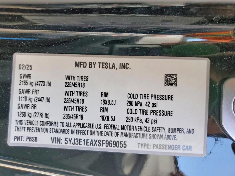 Продаж на аукціоні авто 2025 Tesla Model 3, vin: 5YJ3E1EAXSF969055, номер лоту: 48186406