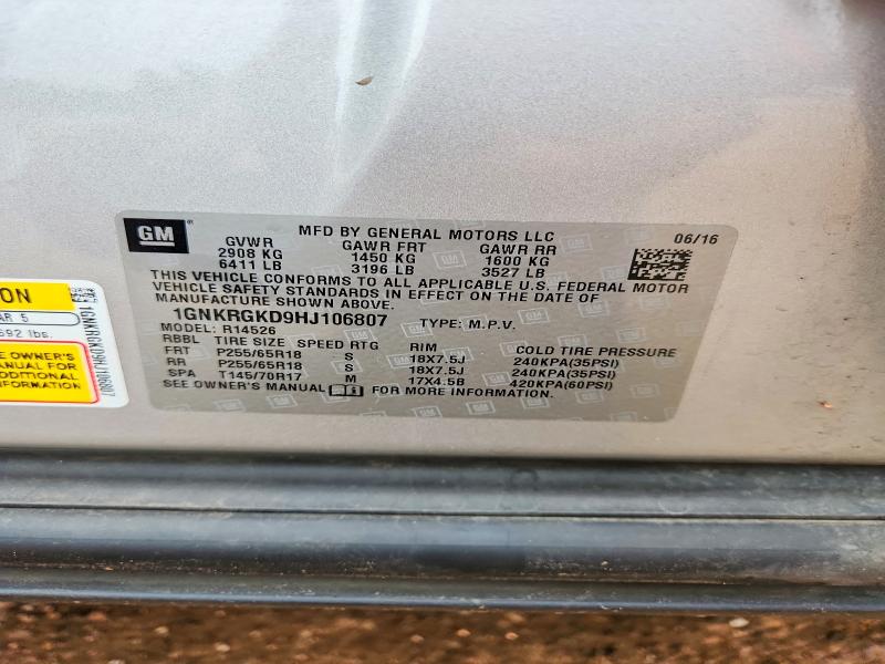 Aukcja sprzedaży 2017 Chevrolet Traverse, vin: 1GNKRGKD9HJ106807, numer aukcji: 51519546