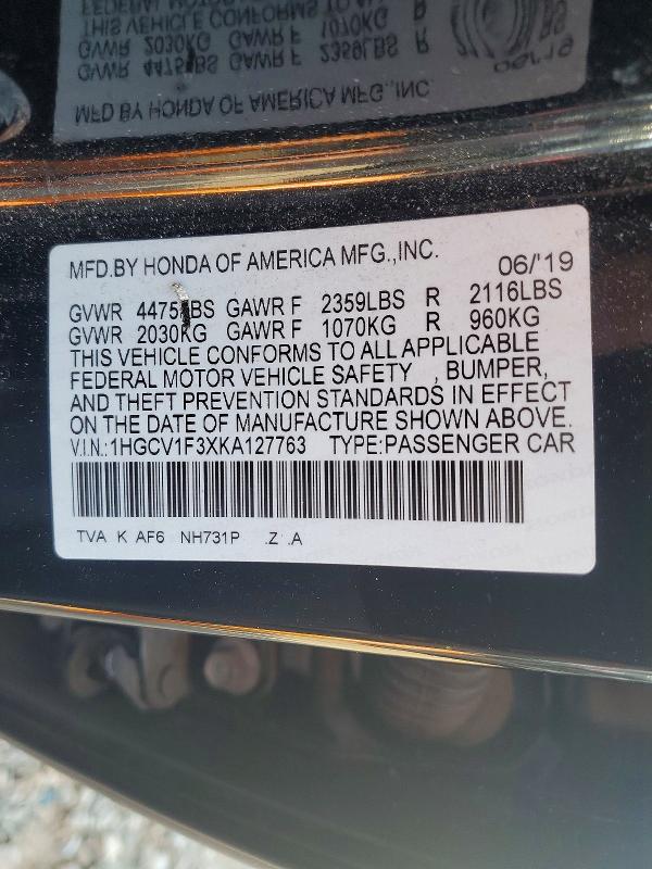 Aukcja sprzedaży 2019 Honda Accord, vin: 1HGCV1F3XKA127763, numer aukcji: 49341266