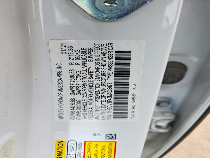 2021 Honda Accord მანქანა იყიდება აუქციონზე, vin: 1HGCV1F45MA033673, აუქციონის ნომერი: 50352856
