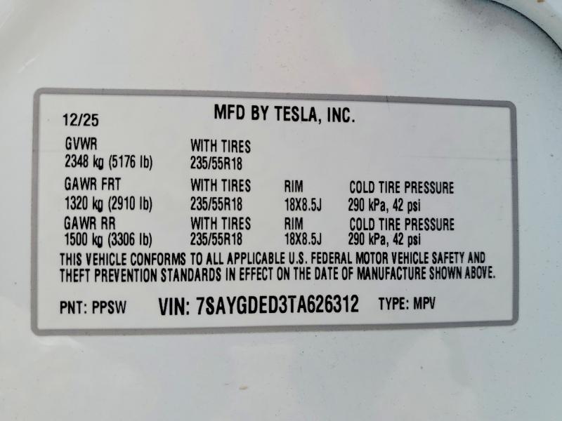 Продаж на аукціоні авто 2026 Tesla Model Y, vin: 7SAYGDED3TA626312, номер лоту: 49333126