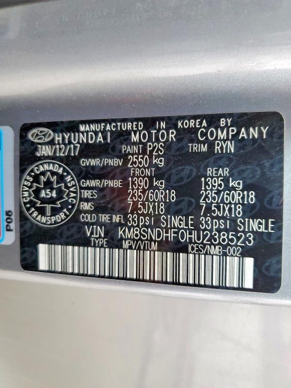 50601016 :رقم المزاد ، KM8SNDHF0HU238523 vin ، 2017 Hyundai Santa Fe Xl مزاد بيع