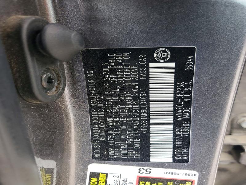 49408196 :رقم المزاد ، 4T1K61AK9LU346540 vin ، 2020 Toyota Camry مزاد بيع