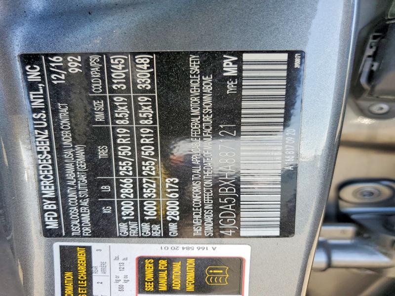 51184066 :رقم المزاد ، 4JGDA5JBXHA887121 vin ، 2017 Mercedes-benz Gle مزاد بيع