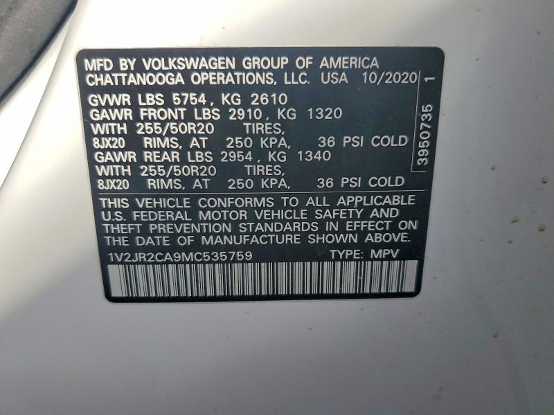 2021 Volkswagen Atlas მანქანა იყიდება აუქციონზე, vin: 1V2JR2CA9MC535759, აუქციონის ნომერი: 49564076