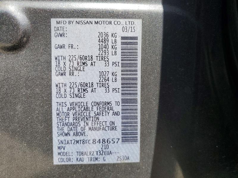 2015 Nissan Rogue მანქანა იყიდება აუქციონზე, vin: 5N1AT2MT8FC848657, აუქციონის ნომერი: 50157466