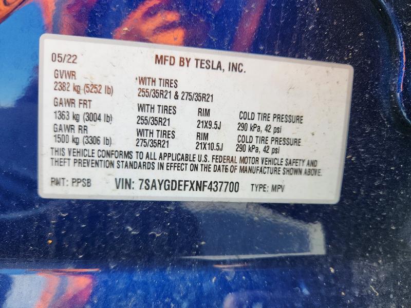 2022 Tesla Model Y მანქანა იყიდება აუქციონზე, vin: 7SAYGDEFXNF437700, აუქციონის ნომერი: 49805566