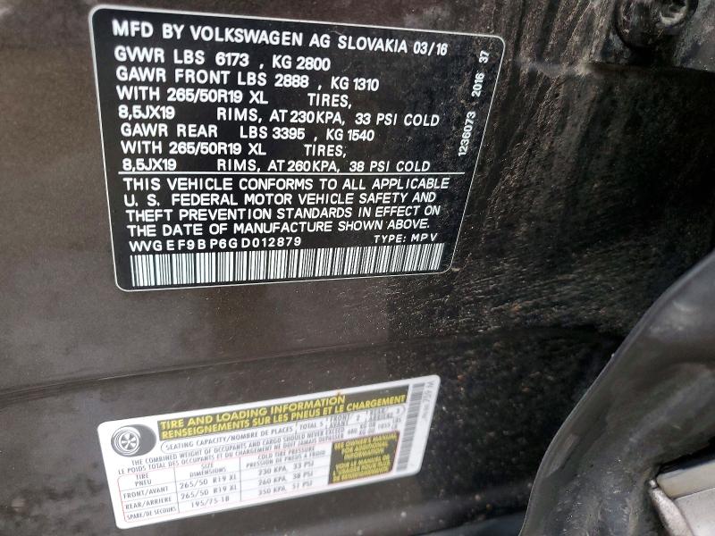 48290146 :رقم المزاد ، WVGEF9BP6GD012879 vin ، 2016 Volkswagen Touareg مزاد بيع