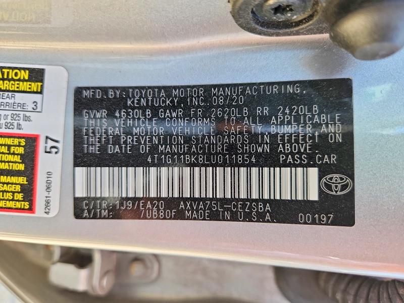 50727736 :رقم المزاد ، 4T1G11BK8LU011854 vin ، 2020 Toyota Camry مزاد بيع