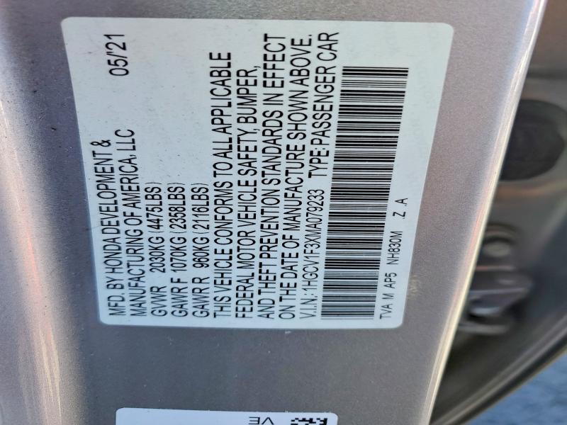 Продаж на аукціоні авто 2021 Honda Accord, vin: 1HGCV1F3XMA079233, номер лоту: 49408596