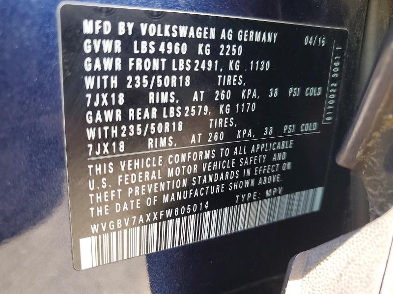 Aukcja sprzedaży 2015 Volk Tiguan, vin: WVGBV7AXXFW605014, numer aukcji: 49865176