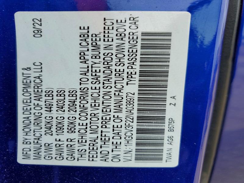50258876 :رقم المزاد ، 1HGCV3F22NA038972 vin ، 2022 Honda Accord مزاد بيع