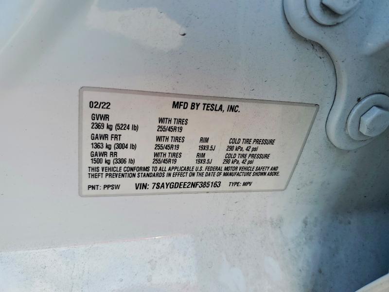 2022 Tesla Model Y მანქანა იყიდება აუქციონზე, vin: 7SAYGDEE2NF385163, აუქციონის ნომერი: 48266346