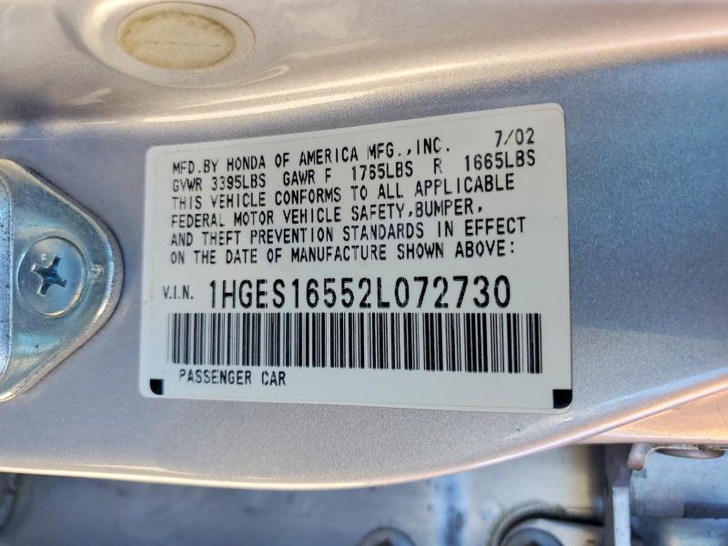 Продажа на аукционе авто 2002 Honda Civic, vin: 1HGES16552L072730, номер лота: 48649456