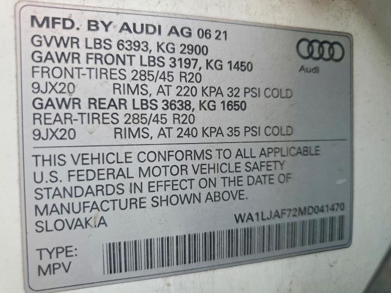 Продаж на аукціоні авто 2021 Audi Q7, vin: WA1LJAF72MD041470, номер лоту: 49365126