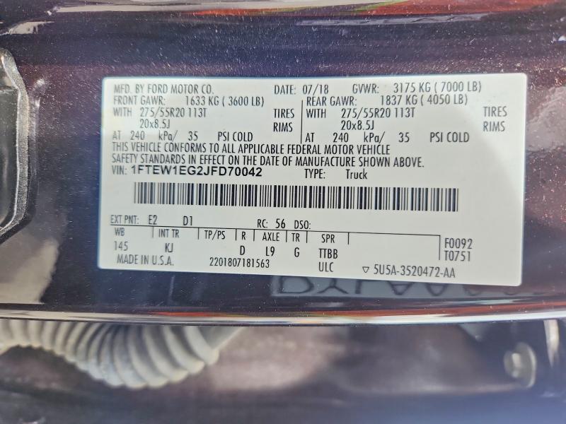 Продаж на аукціоні авто 2018 Ford F150, vin: 1FTEW1EG2JFD70042, номер лоту: 49424596