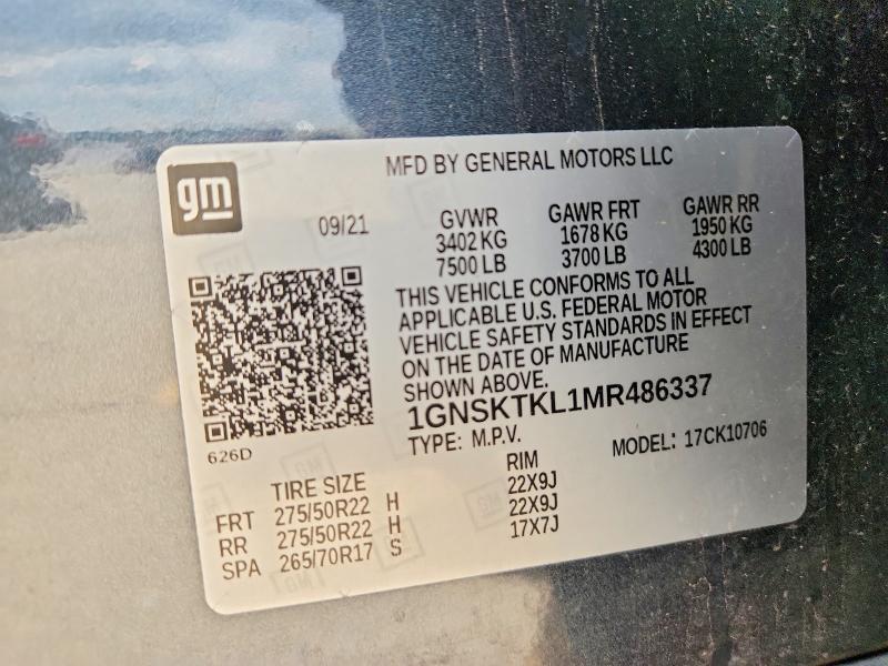 Aukcja sprzedaży 2021 Chevrolet Tahoe, vin: 1GNSKTKL1MR486337, numer aukcji: 50366346