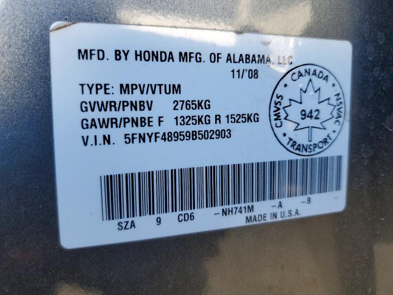 51132606 :رقم المزاد ، 5FNYF48959B502903 vin ، 2009 Honda Pilot مزاد بيع