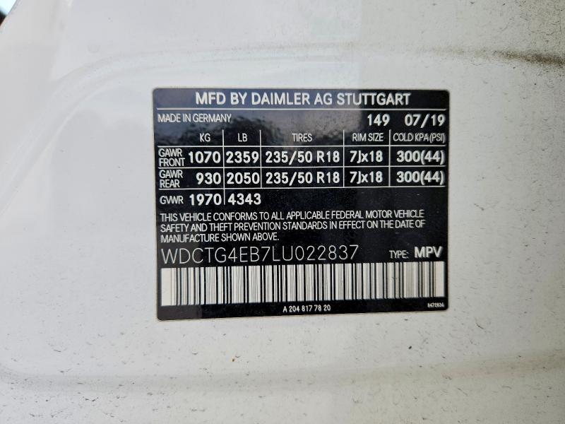 49764546 :رقم المزاد ، WDCTG4EB7LU022837 vin ، 2020 Mercedes-benz Gla مزاد بيع