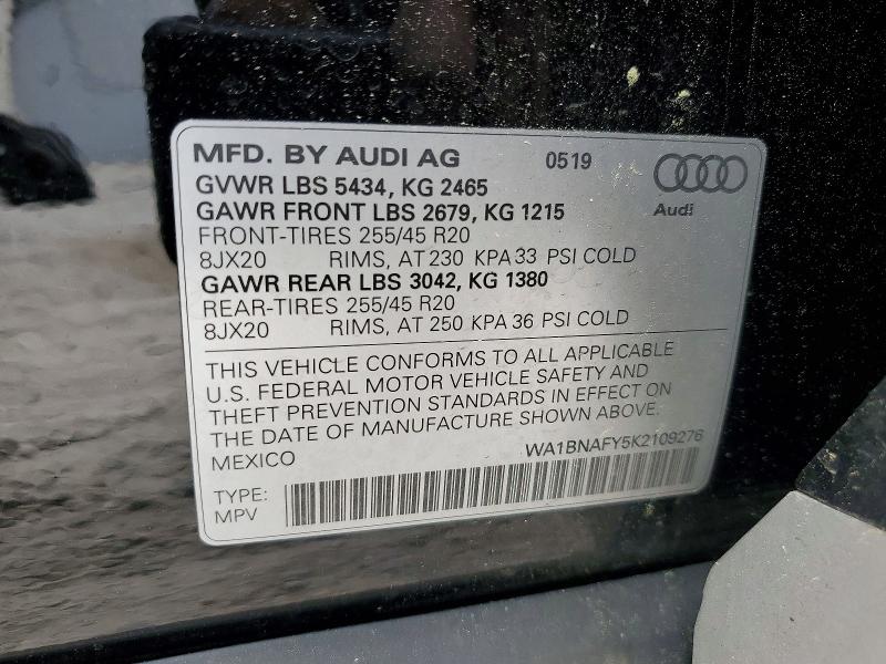 2019 Audi Q5 მანქანა იყიდება აუქციონზე, vin: WA1BNAFY5K2109276, აუქციონის ნომერი: 49429016