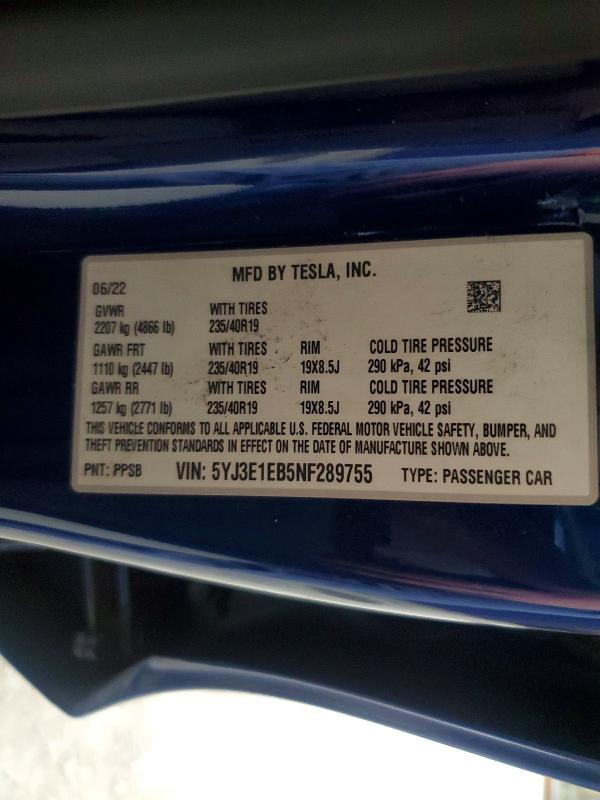 50345186 :رقم المزاد ، 5YJ3E1EB5NF289755 vin ، 2022 Tesla Model 3 مزاد بيع
