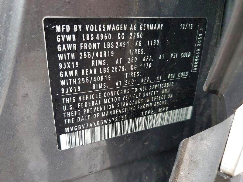 51313506 :رقم المزاد ، WVGBV7AX5GW572585 vin ، 2016 Volkswagen Tiguan مزاد بيع