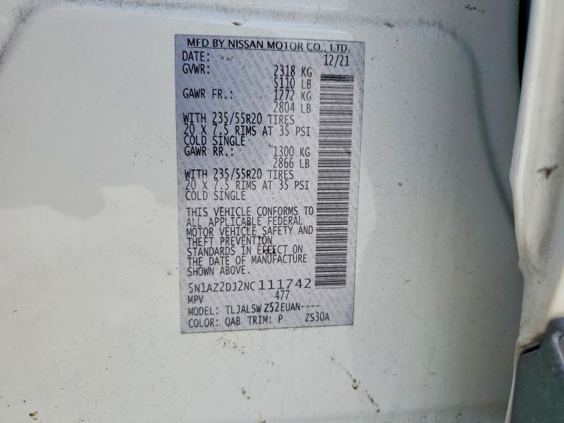 Продажа на аукционе авто 2022 Nissan Murano, vin: 5N1AZ2DJ2NC111742, номер лота: 47999216