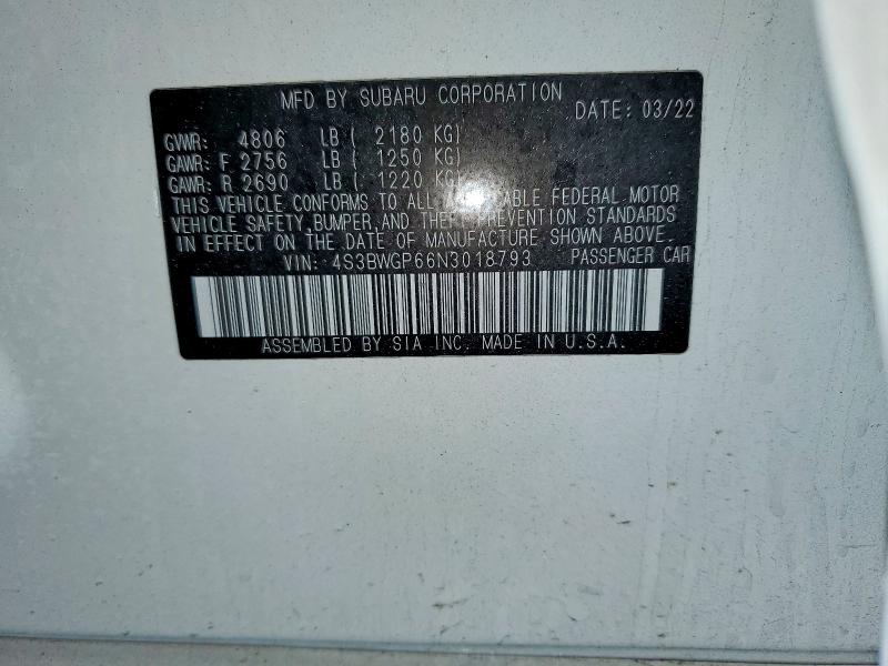 51404436 :رقم المزاد ، 4S3BWGP66N3018793 vin ، 2022 Subaru Legacy مزاد بيع