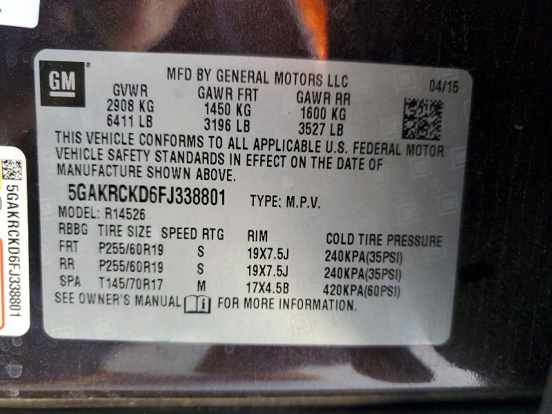 2015 Buick Enclave მანქანა იყიდება აუქციონზე, vin: 5GAKRCKD6FJ338801, აუქციონის ნომერი: 50962786