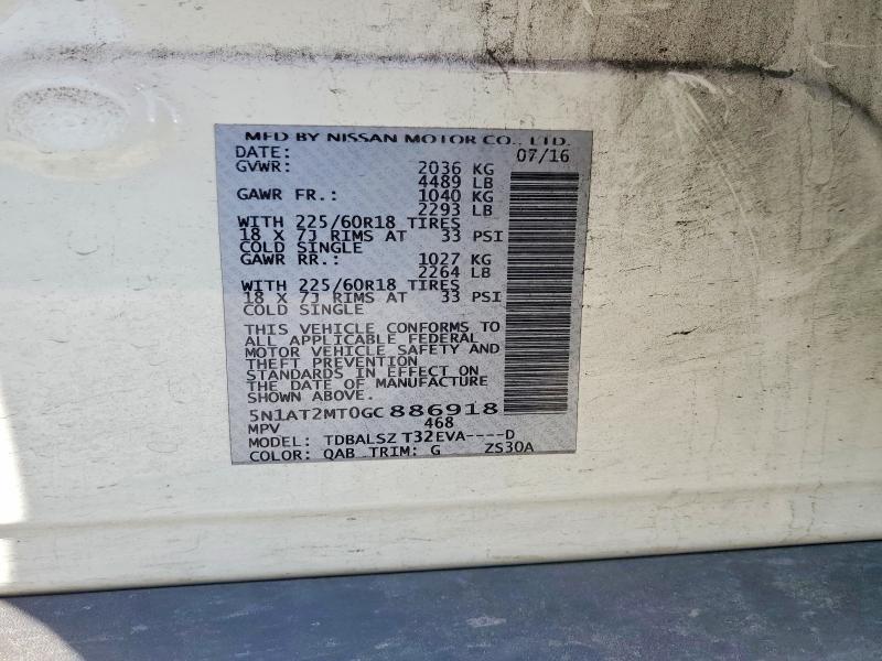 2016 Nissan Rogue მანქანა იყიდება აუქციონზე, vin: 5N1AT2MT0GC886918, აუქციონის ნომერი: 49991016