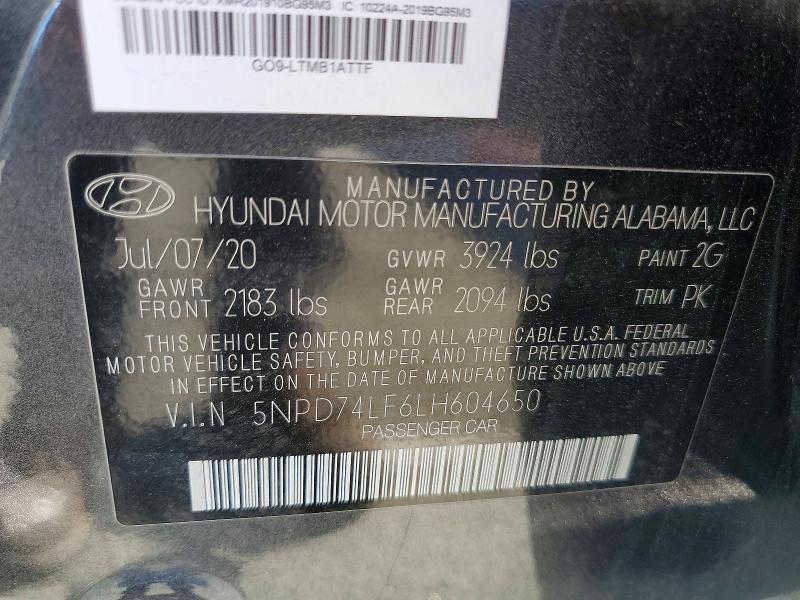 49868796 :رقم المزاد ، 5NPD74LF6LH604650 vin ، 2020 Hyundai Elantra مزاد بيع