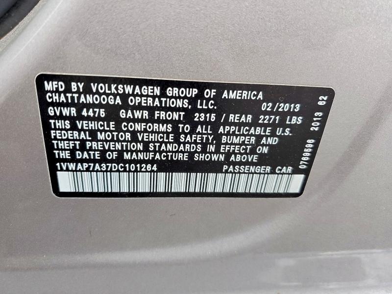 48656496 :رقم المزاد ، 1VWAP7A37DC101264 vin ، 2013 Volkswagen Passat مزاد بيع