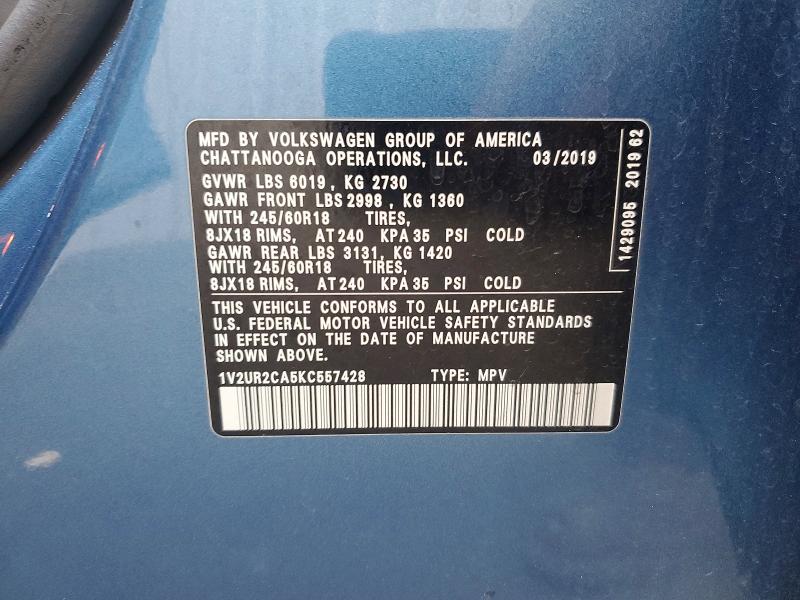 48713906 :رقم المزاد ، 1V2UR2CA5KC557428 vin ، 2019 Volkswagen Atlas مزاد بيع
